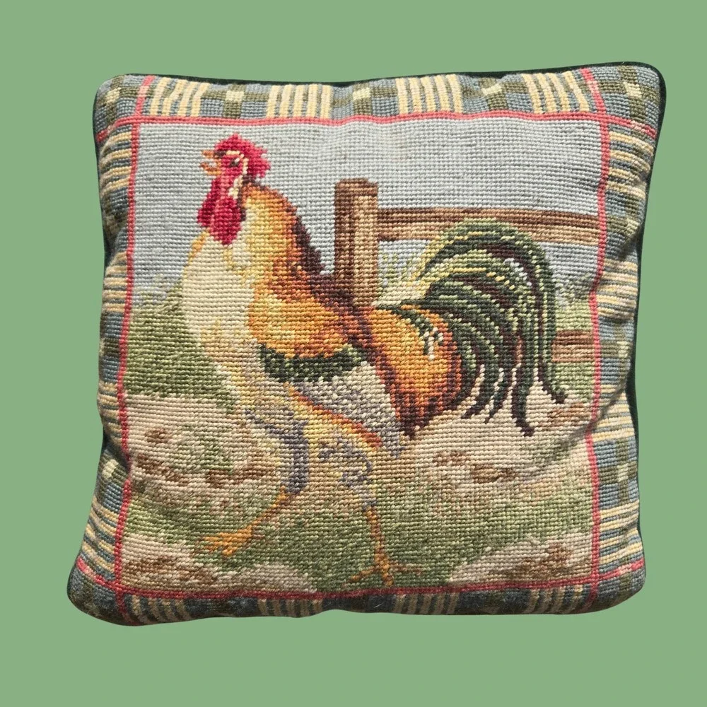 Rooster Needlepoint Wool Throw Pillow Emerald Green Velvet Back vintage-style